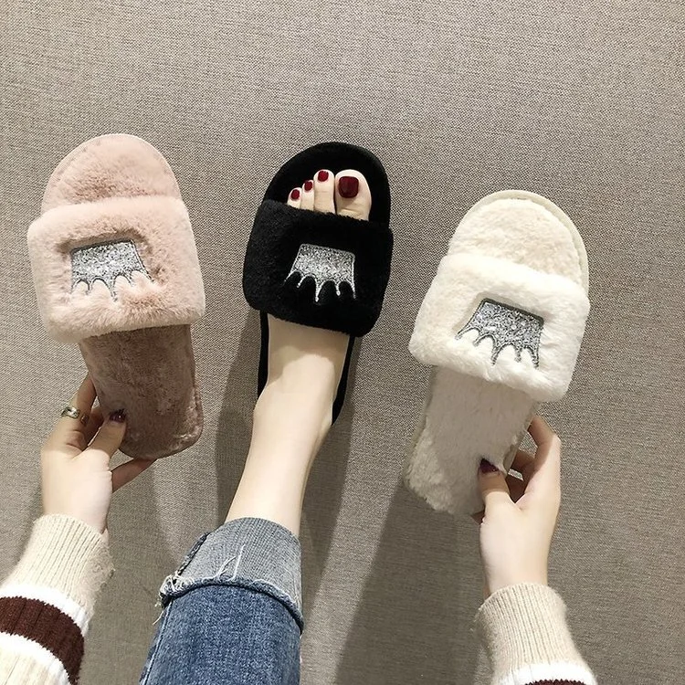 Wongn Wongn Winter New Korean Version Of The Crown Sequins One-Word Plush Warm Wool Slippers Flat Cotton Drag Female