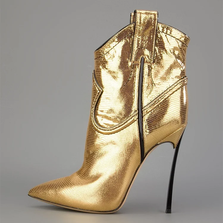 Golden Lizardstripe Stiletto Heel Boots Pointy Toe Ankle Boots |FSJ Shoes