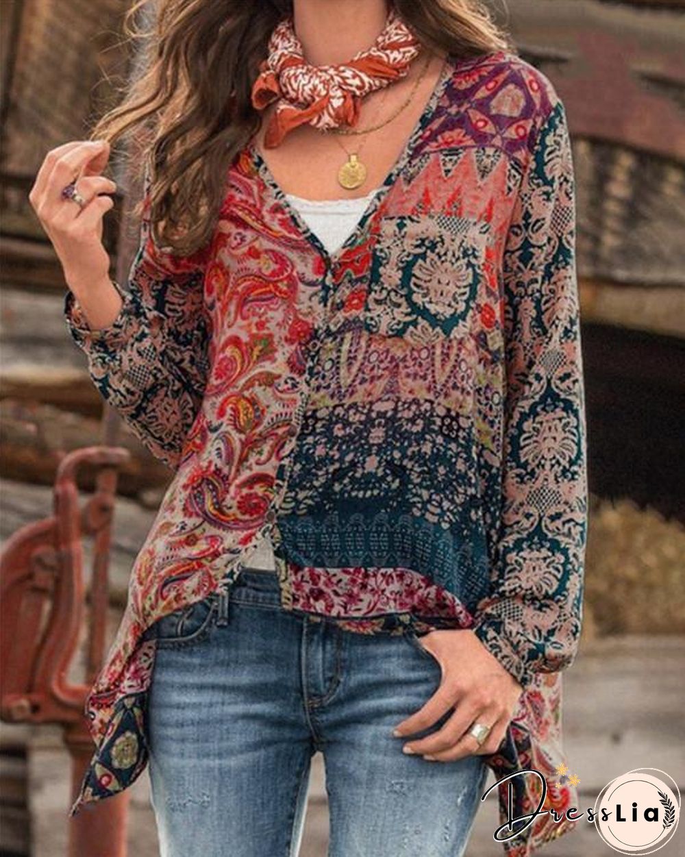 V Neck Fall Floral Designer Casual Shirts & Tops