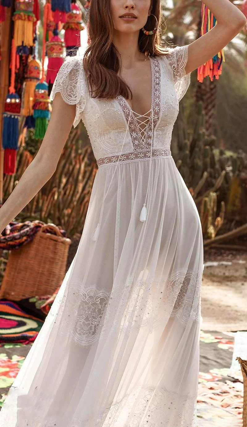 Ordifree 2022 Summer Women Long Beach Dress Lace Up Sexy Transparent White Lace Sexy Maxi Tunic Dress