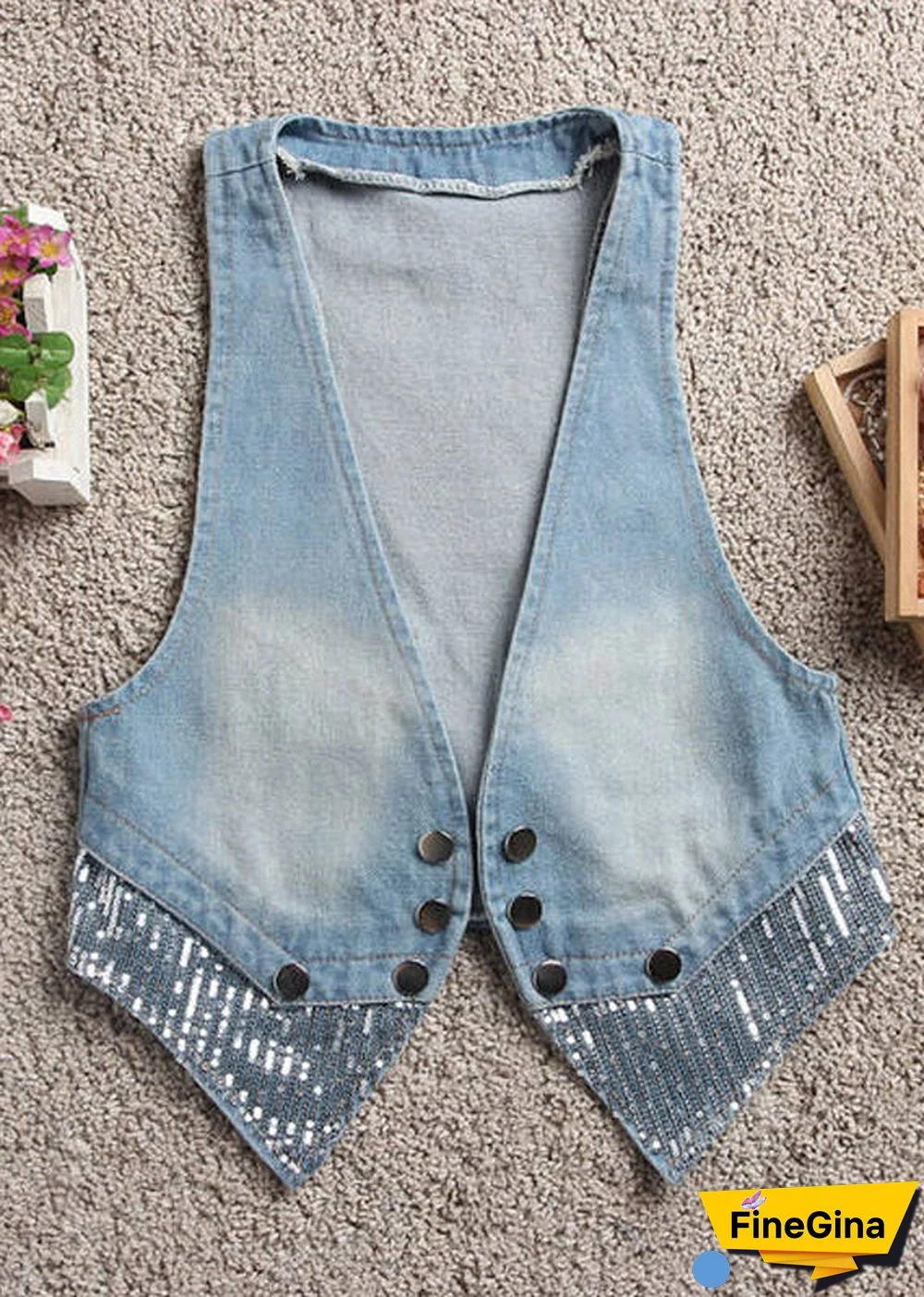 Art Light Blue V Neck Patchwork Button Denim Waistcoat Fall