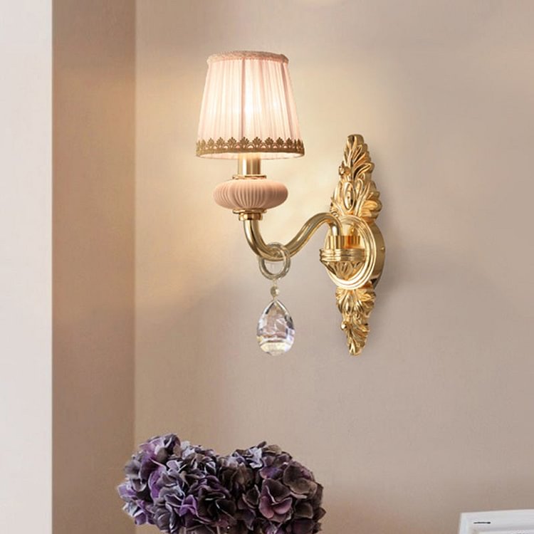 Barrel Bedroom Wall Light Sconce Traditional Fabric 1/2 Heads Pink/Blue Wall Lighting Fixture with Crystal Accent