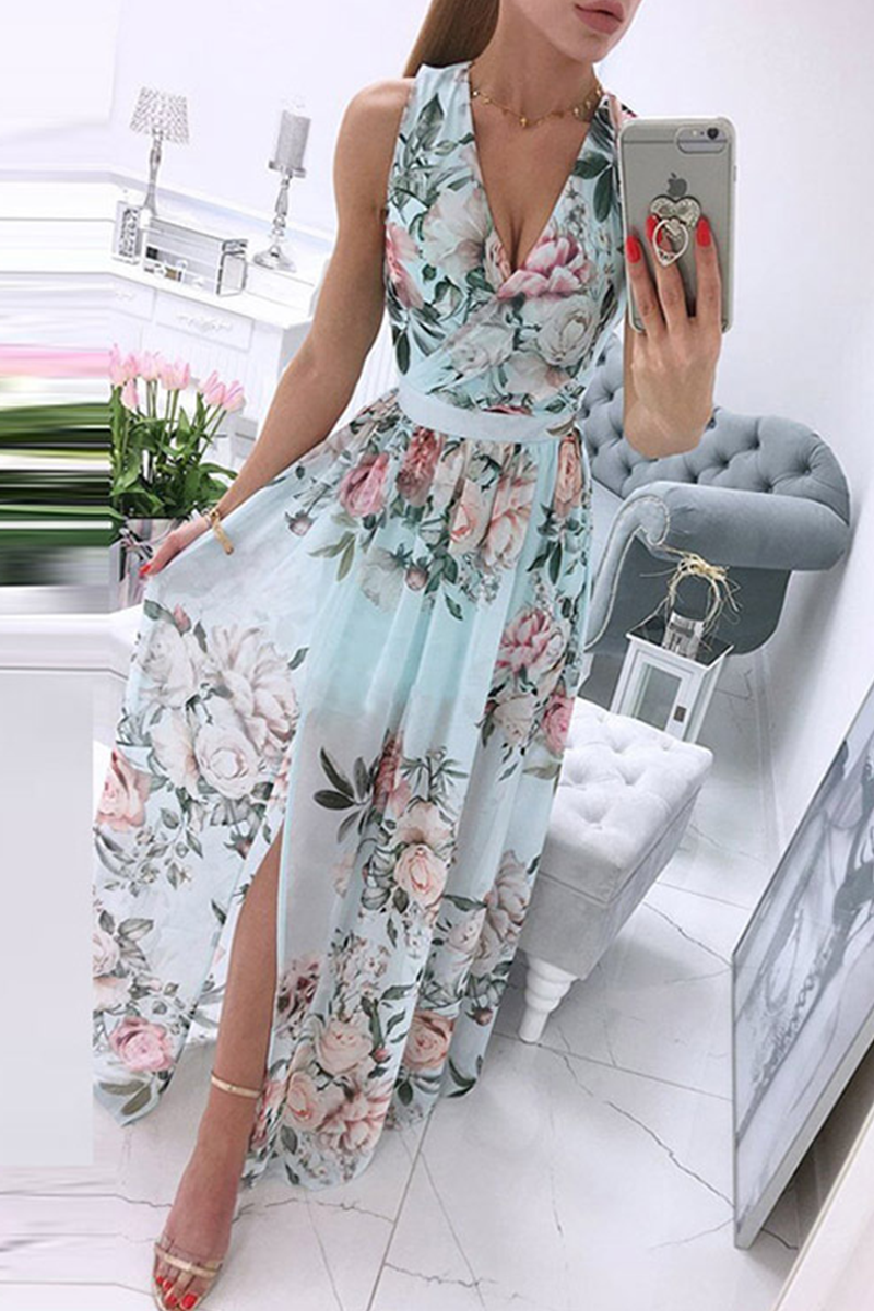 Elegant Floral Slit Fold V Neck Waist Skirt Dresses(4 Colors)