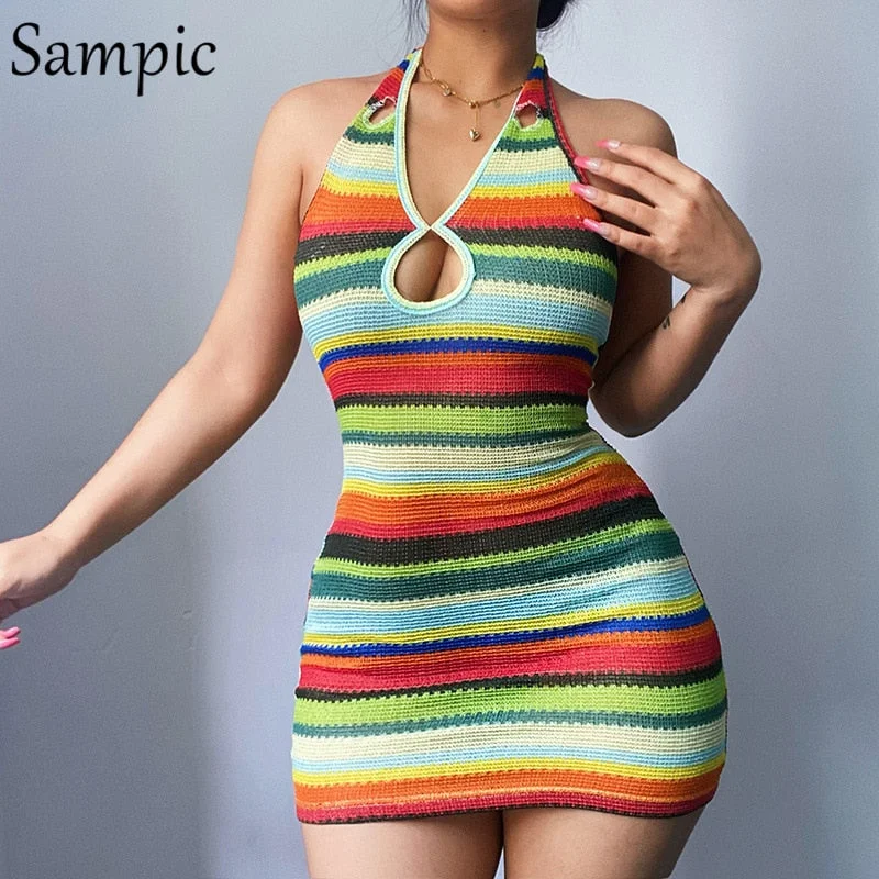 Sampic Summer Beach Knitted Halter Bodycon Party Fashion Stripe Dress Women Off Shoulder Chic Hollow Out Mini Short Wrap Dress