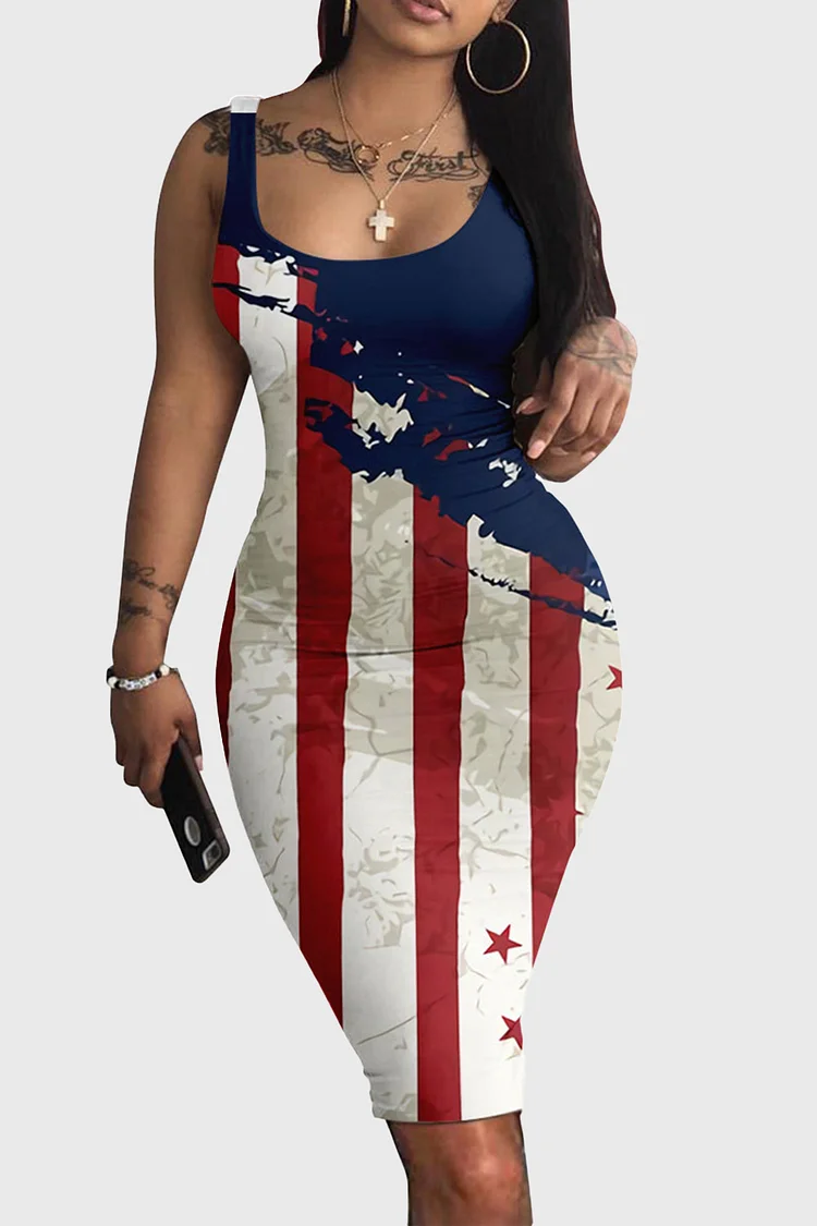 Plus Size Vacation Multicolor Sundress Independence Day Stars Striped Print Sleeveless Bodycon Midi Dress 2024 - Xpluswear