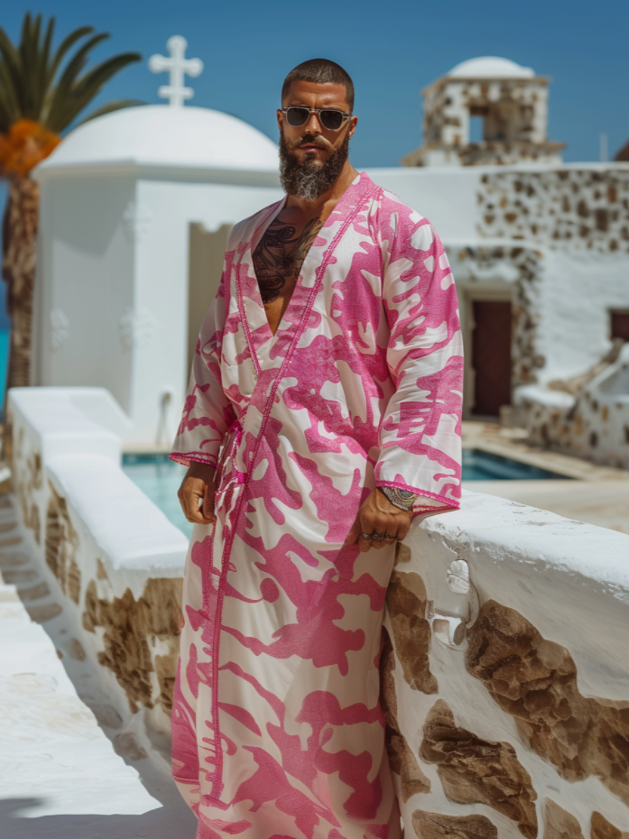 Men's Pink Cow Print Polyester V-Neck Kaftan