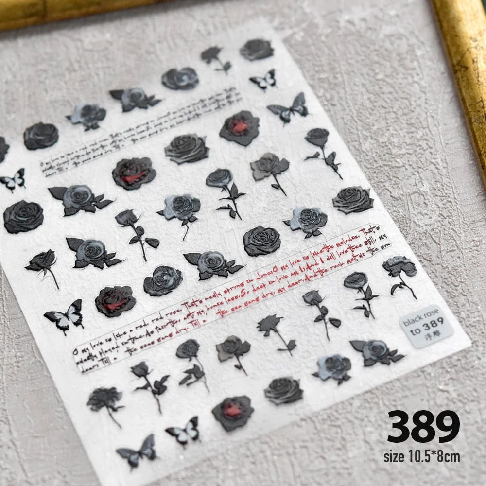 Angel Cross Wings Corpse Bride Nail Sticker 3D Engraved Nail Stickers Flower Rose Nail Art Decorations Nail Decals Design