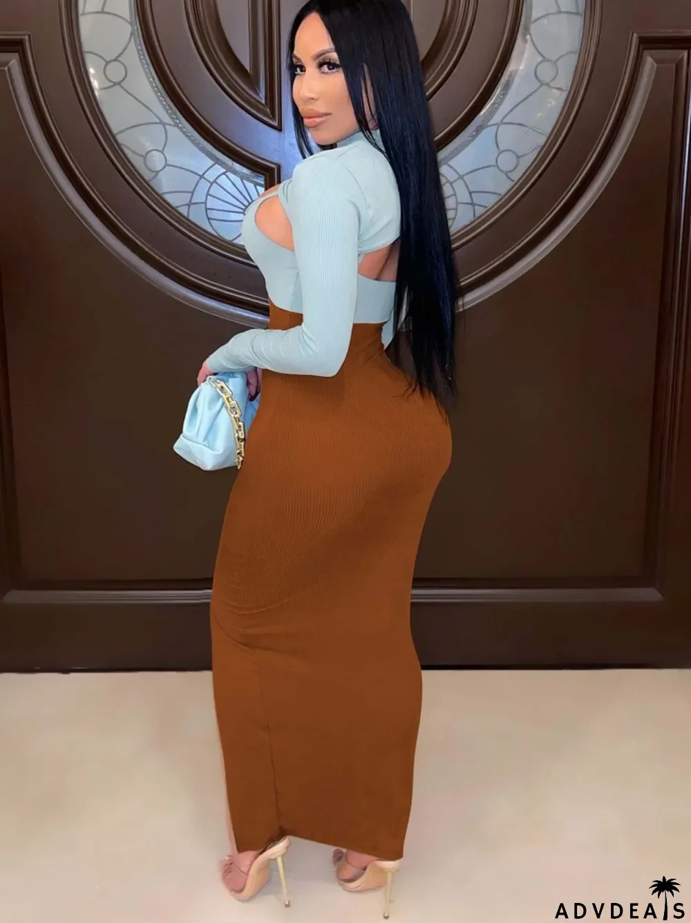 Fall Sexy Blue Contrast Brown Hollow Out High Neck Long Sleeve Slit Long Dress