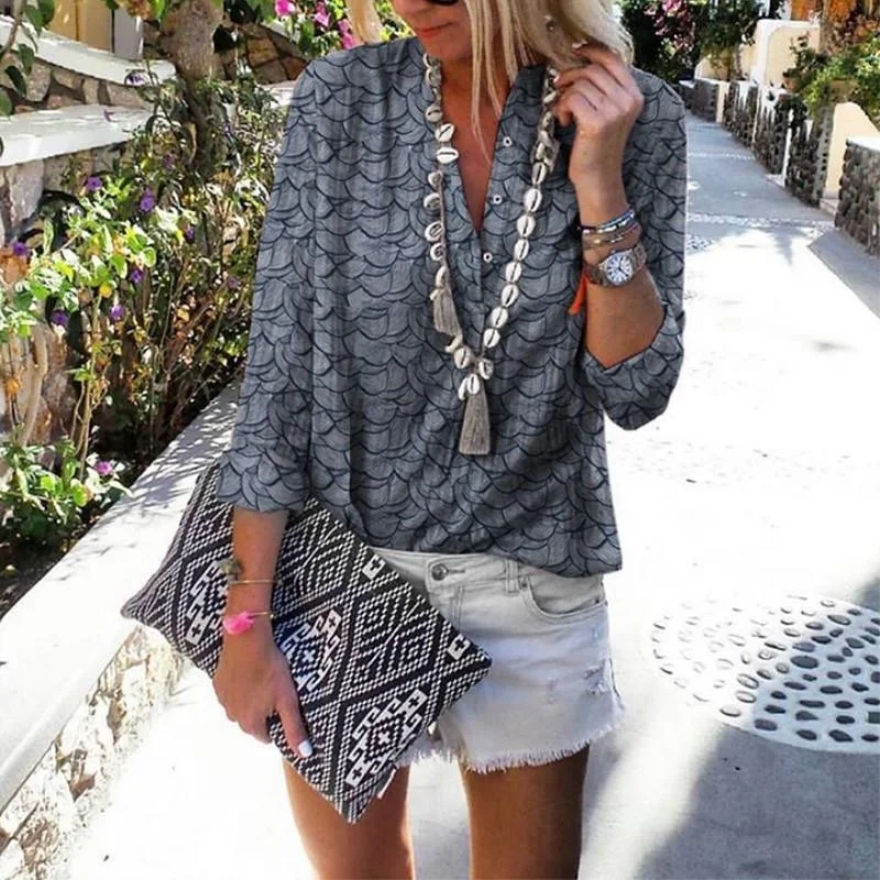 2020 Print Plus Size Womens Tops And Blouses V-neck Long Sleeve Office Woman Blouses Shirts Women Streetwear Blouse Femme