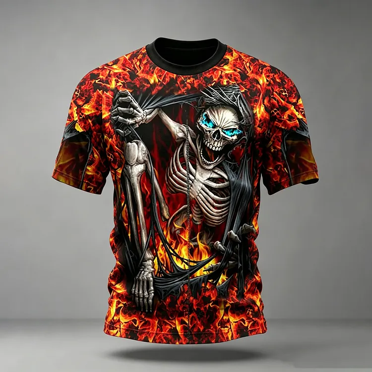 Men's Retro Halloween Hell Skull Flame 3d Printed Short-sleeve T-shirt