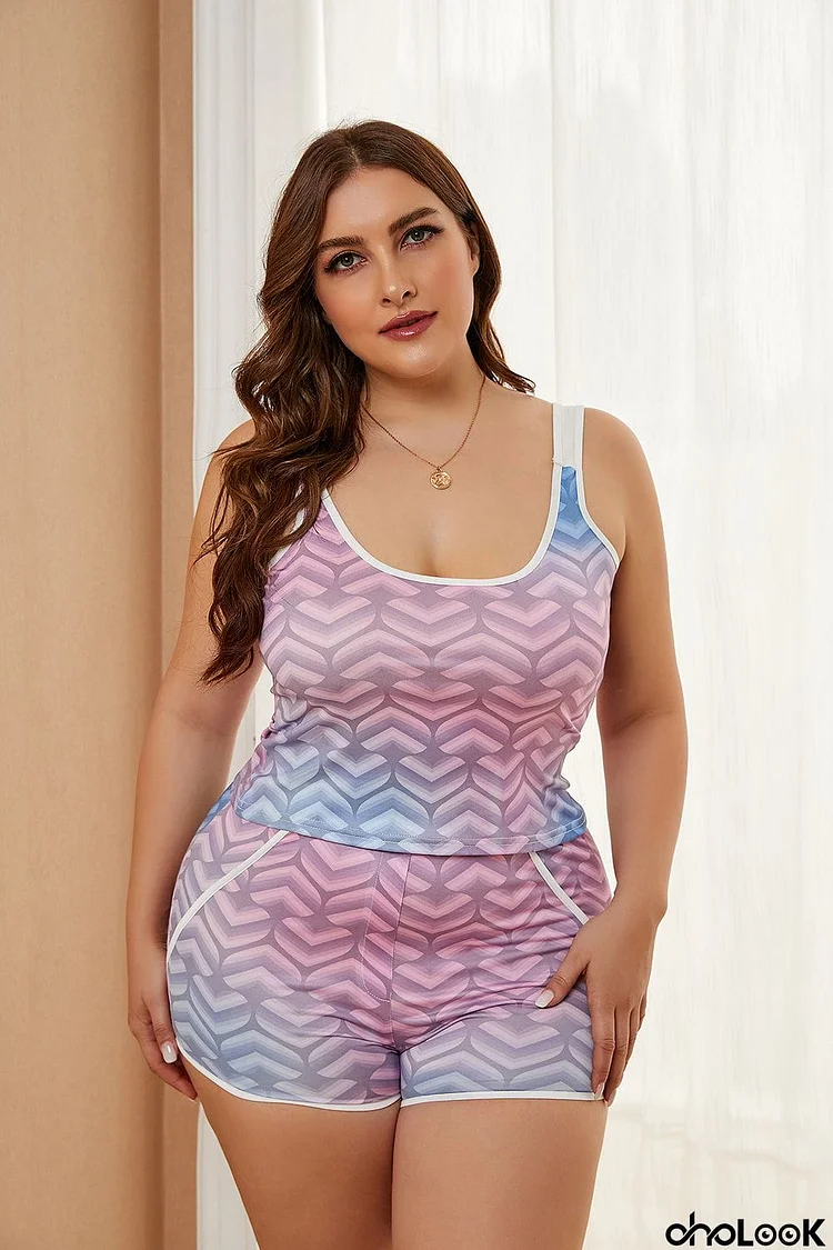 Multicolor Ombre Heart Print Plus Size Tank and Short Set