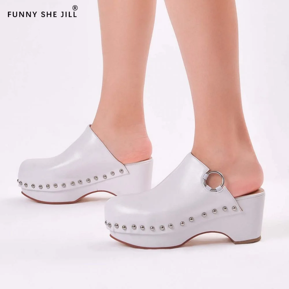 White Round Toe Clogs Chunky Platform Heel Mules With Studs Nicepairs