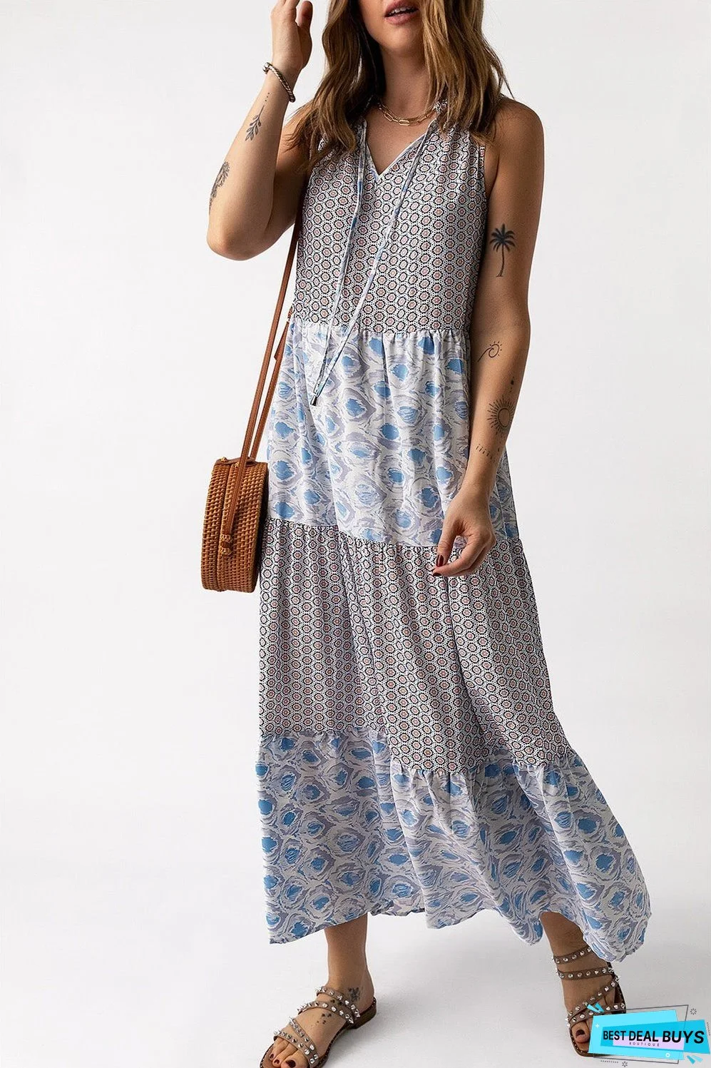 Mixed Print Tie-Neck Sleeveless Maxi Dress