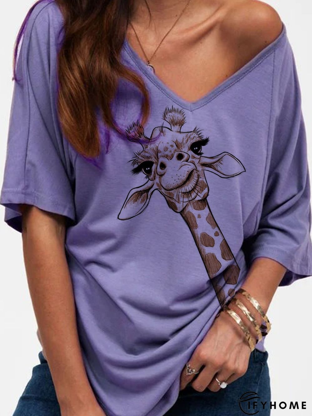 Vintage Casual Plus Size V Neck Short Sleeve Printed Tee Shirts Tops | IFYHOME