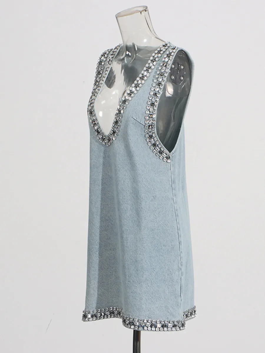 Brownm Fashion Heavy Industry Design Dress Women 2025 Summer New V Collar Drill Splicing High-End Sense Slings Denim Skirt