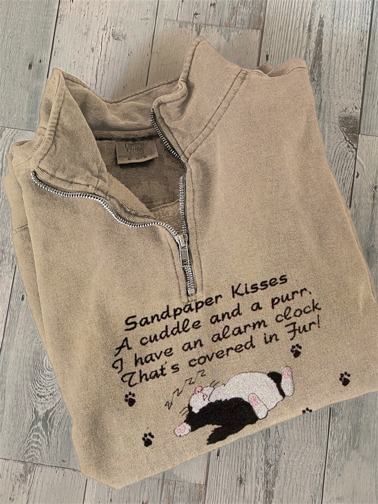 Comstylish Sleeping Cat Embroidered Print Zipper Casual Sweatshirt