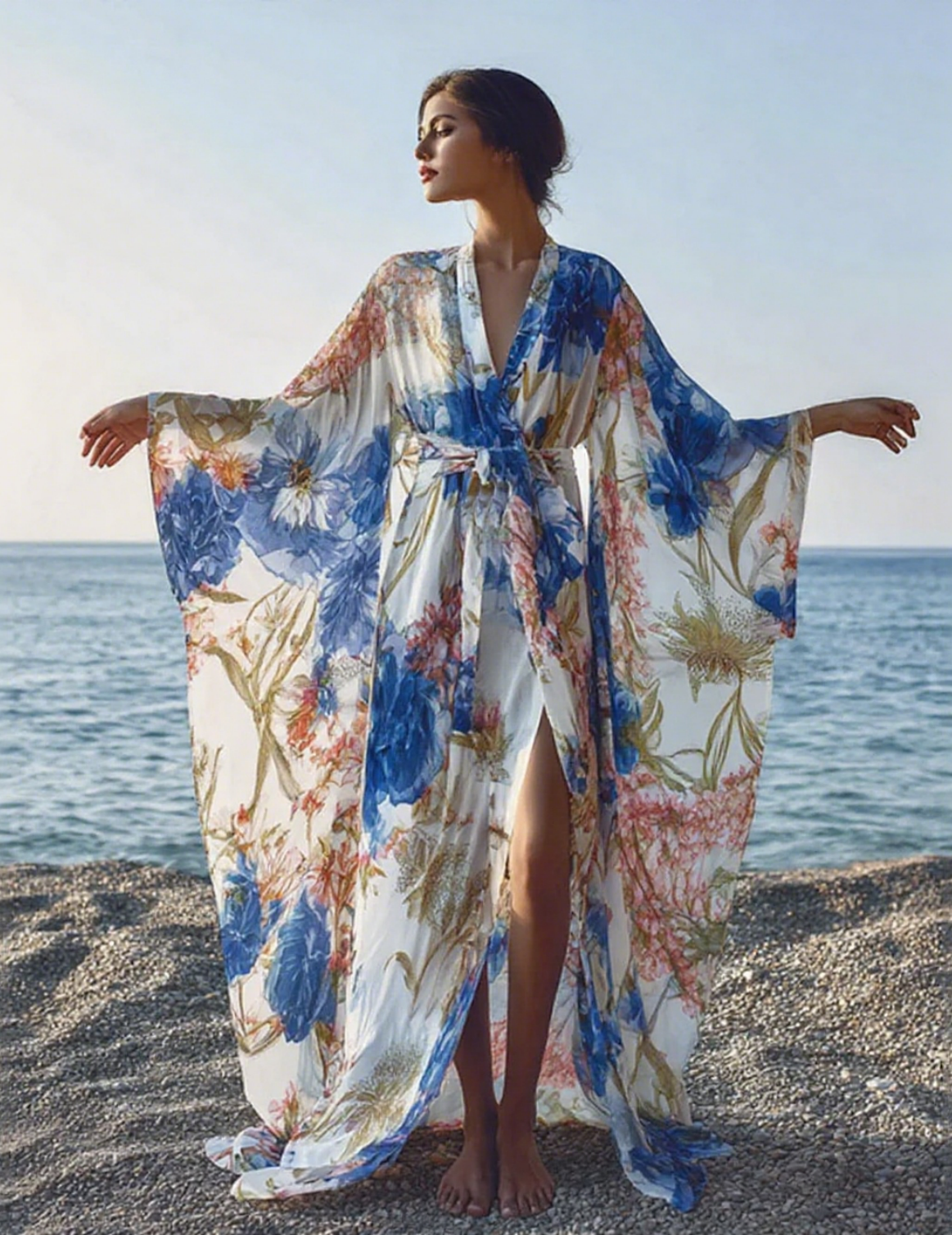 Chiffon Art Resort Pattern Kimono Robe (with Belt)