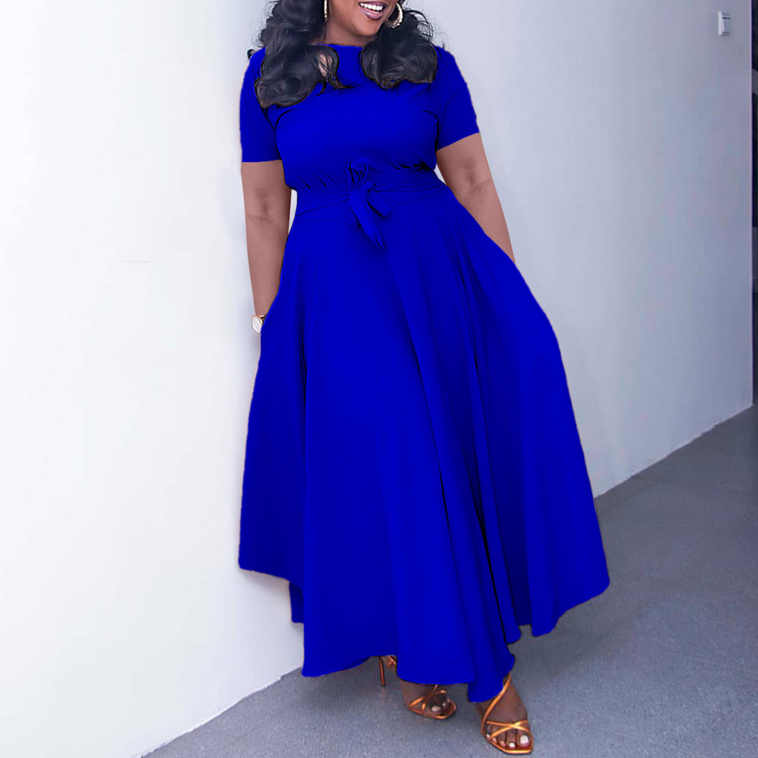 Women's Summer Fashion Chic Solid Short Sleeve A-Line Africa Plus Size Dress