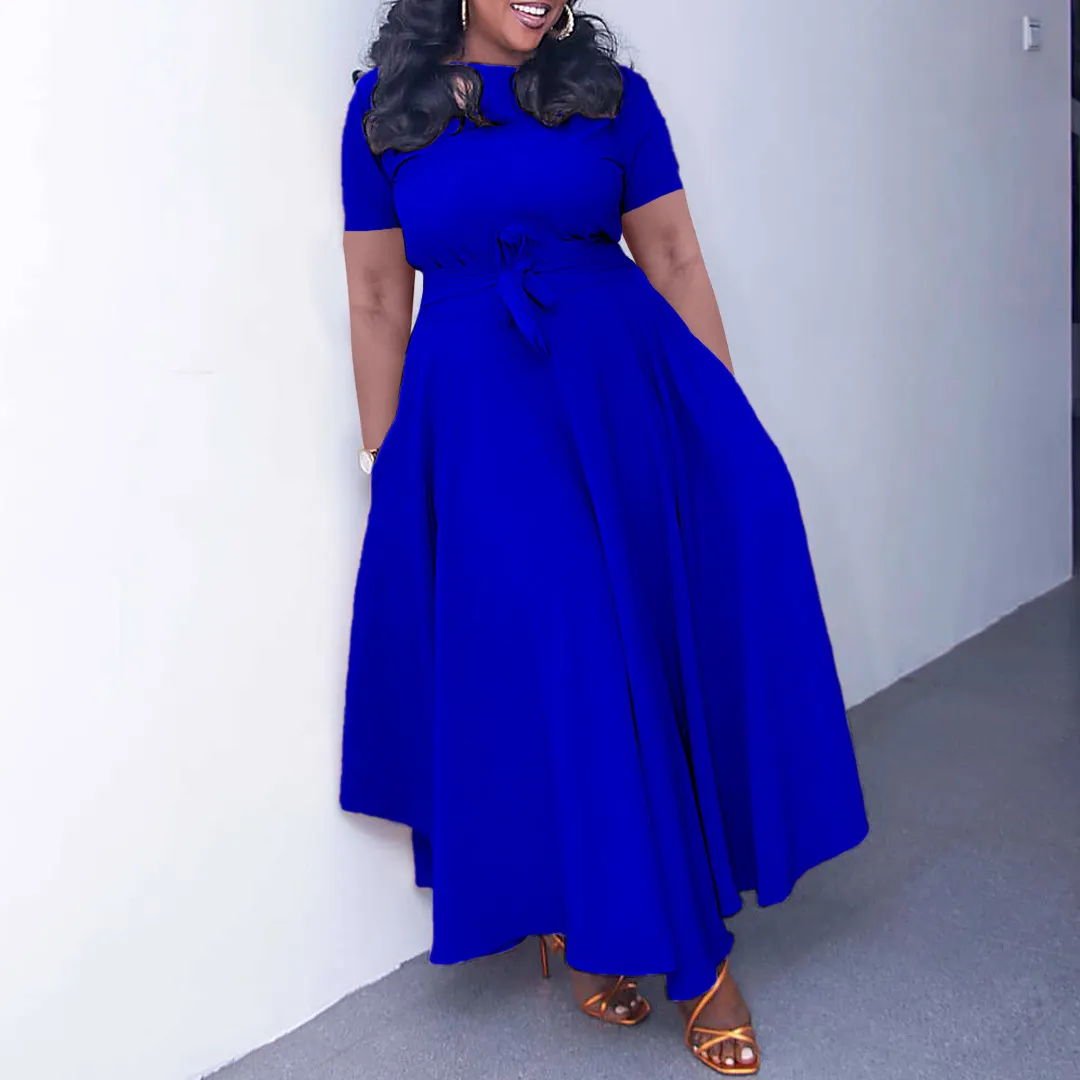 Women's Summer Fashion Chic Solid Short Sleeve A-Line Africa Plus Size Dress