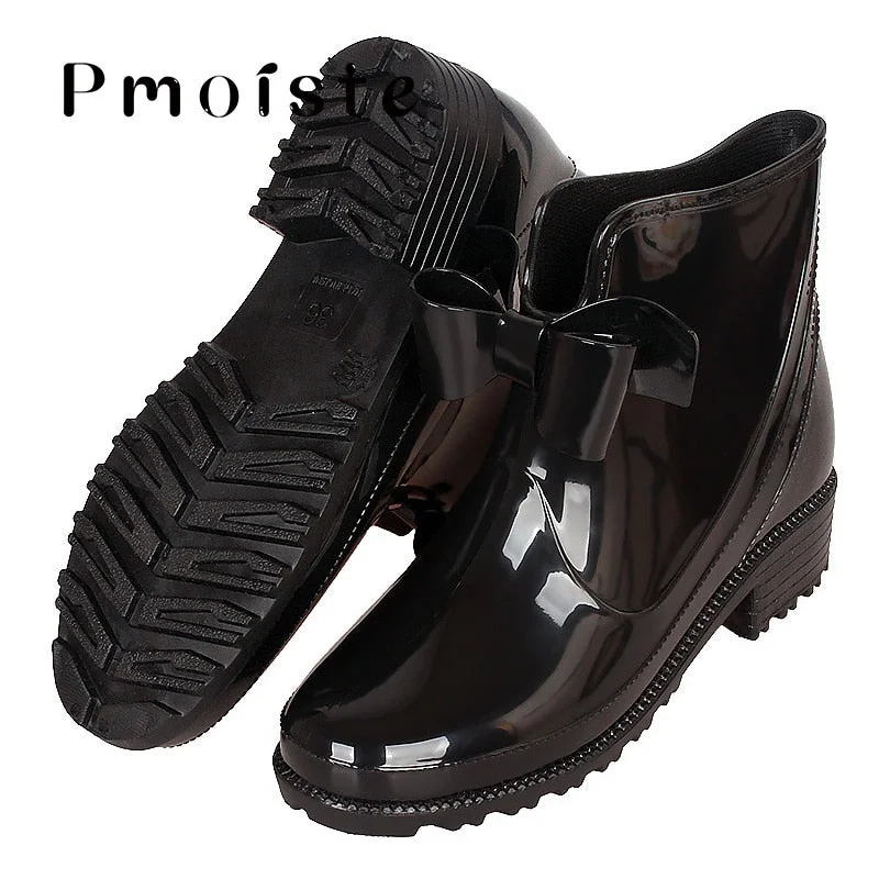 Rain Boots Women Plus Size 43 Fashion Butterfly Knot PVC Solid Waterproof Rubber Boots for Women Slip On