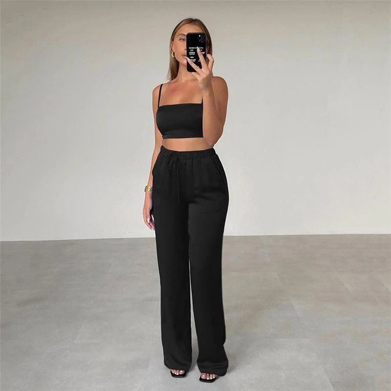 Solid cropped camisole with elastic waist trousers set-zachics