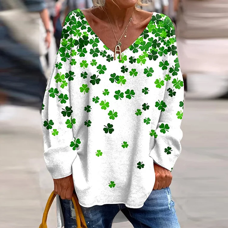 VChics St. Patrick's Day Shamrock Print V-Neck Long Sleeve T-Shirt