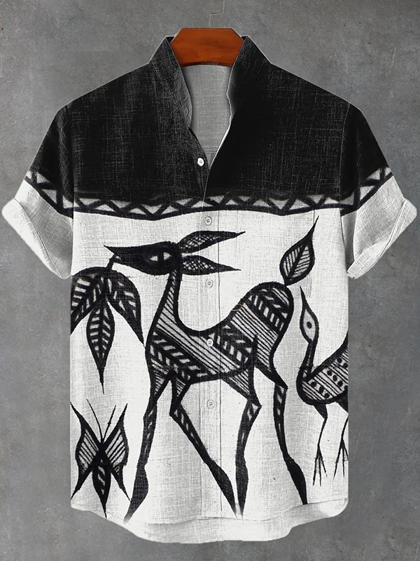 Men's African Primitive Animal Totem Paper-Cut Art Print Linen Blend Shirt