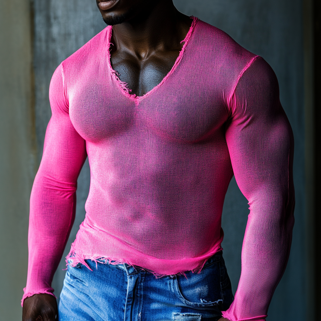  Stylish Pink V-Neck Long Sleeve Top for Men - Perfect for Casual and Fashionable Looks