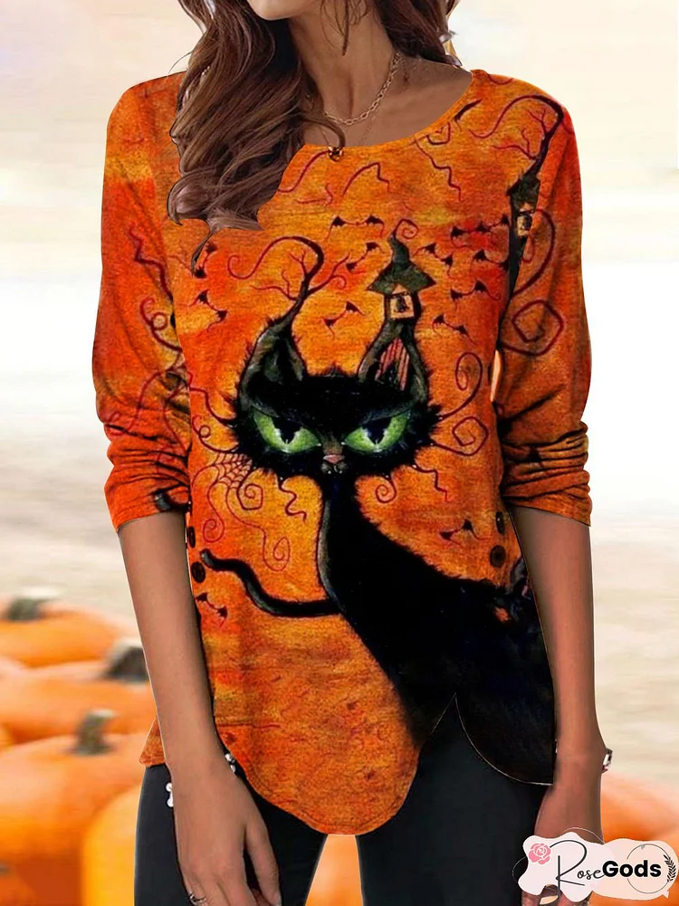 Casual Autumn Cat Loose Halloween Long Sleeve Regular Medium Elasticity Tops For Women