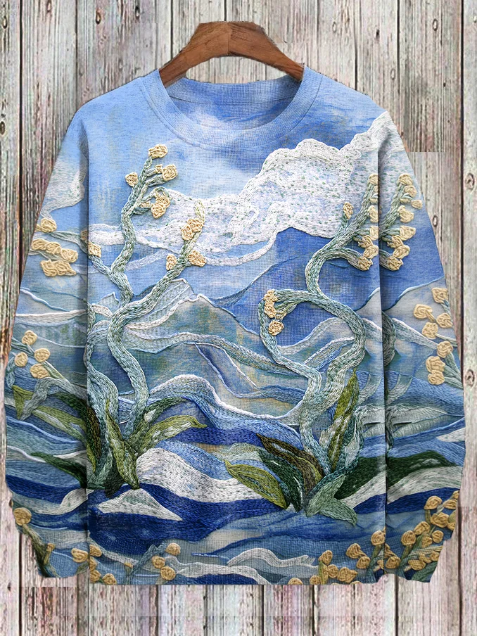 Men's Van Gogh Inspired Floral Landscape Felt Print Casual Sweatshirt