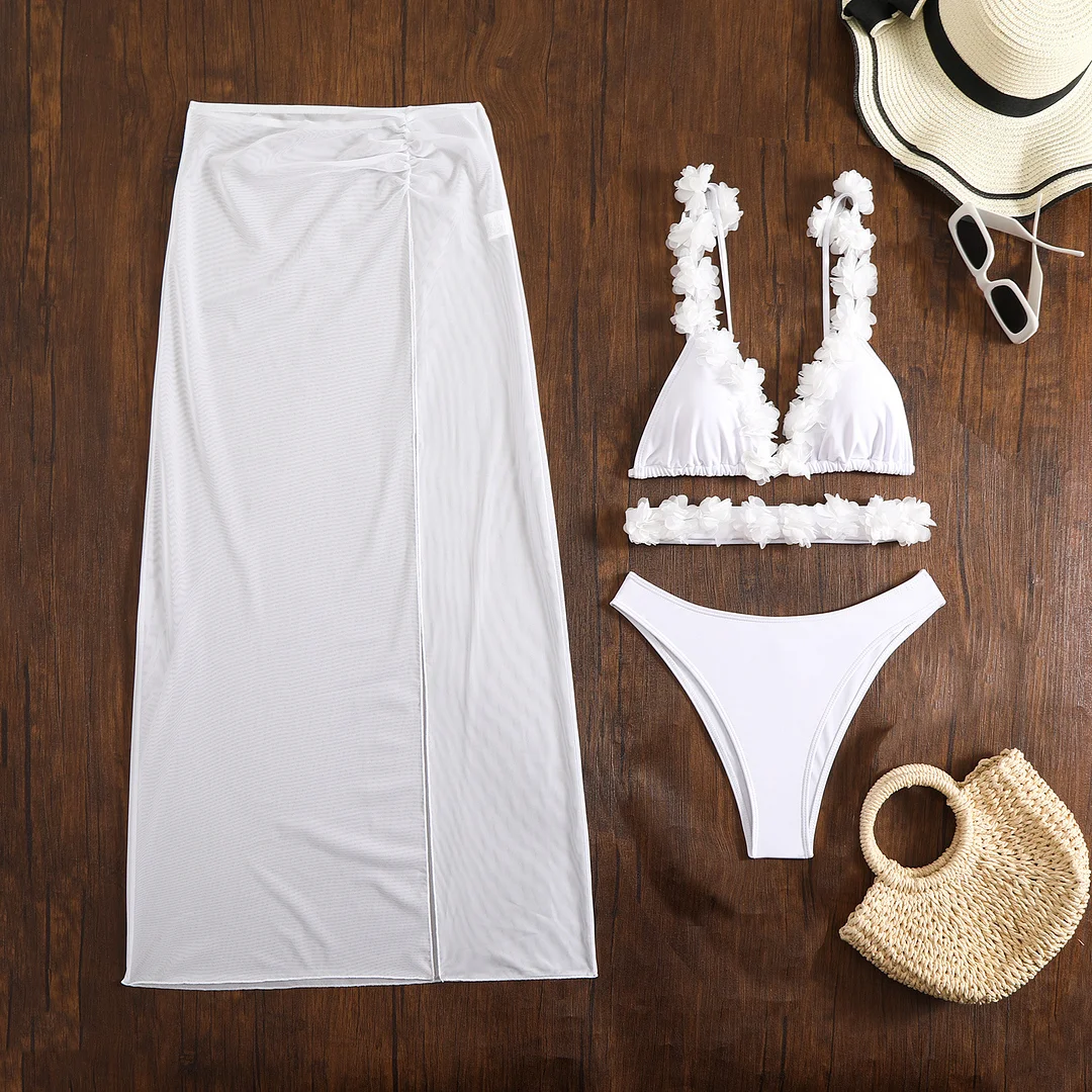 Uveng 2025 New Solid Color Lace Sexy Three-Piece Mesh Dress Bikini