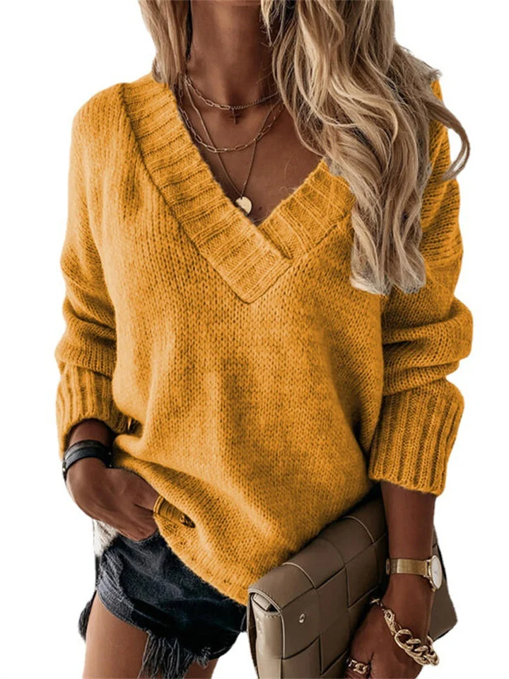 Temperament Commuter Fashion Women's Solid Color Sweater Female V-neck Long-sleeved Pullover Knit Sweater Tops | 168DEAL