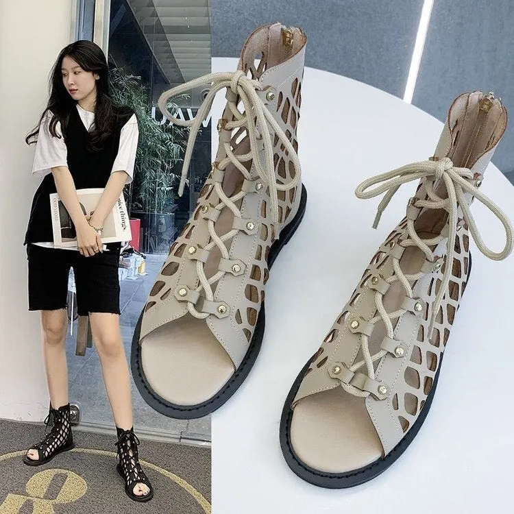 Mesh Boots Women 2021 Summer Internet Hot Sandals Roman Style Hollow-out Flat Fish Mouth Retro High Top Sandal Boots zapatillas