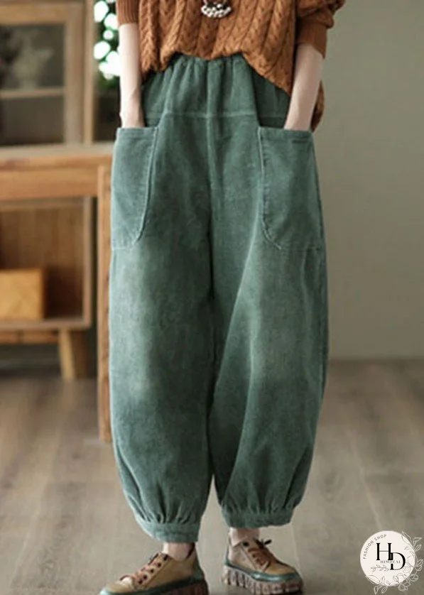 Unique Green Elastic Waist Oversized Pockets Warm Fleece Pants Winter