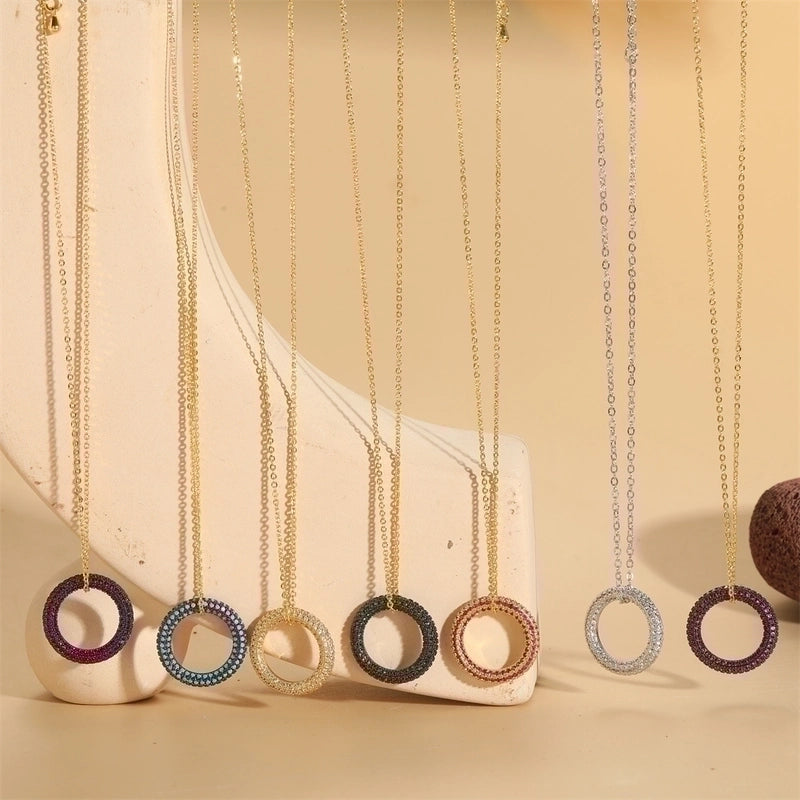 Copper 14K Gold Plated White Gold Plated Minimalist Circle Inlay Zircon Pendant Necklace