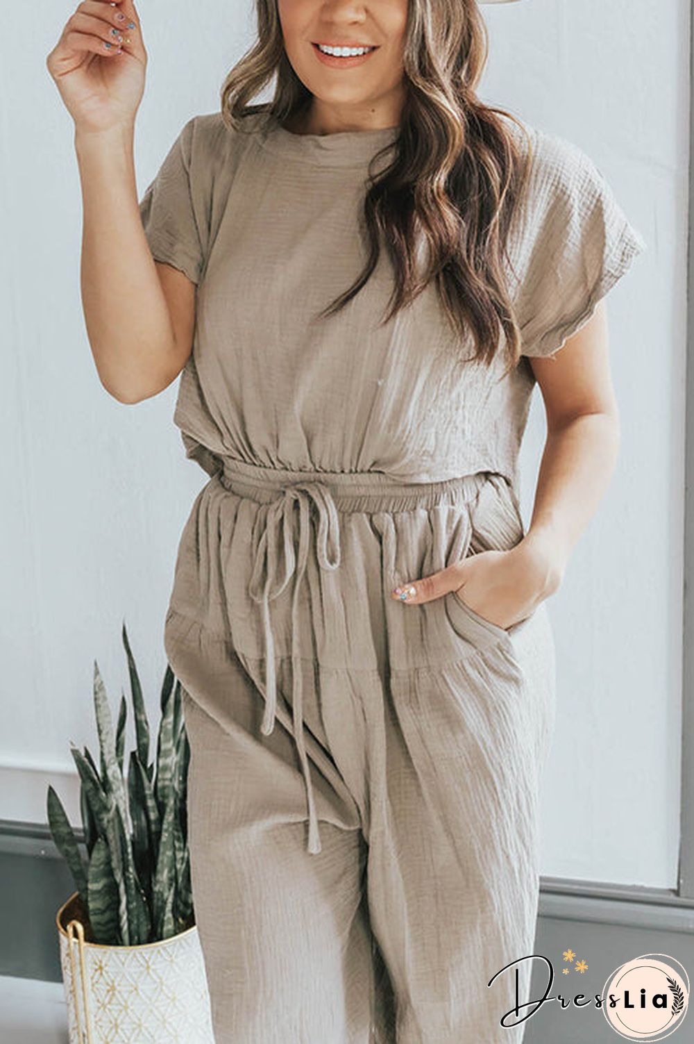 Slit Back Solid Drawstring Jumpsuit