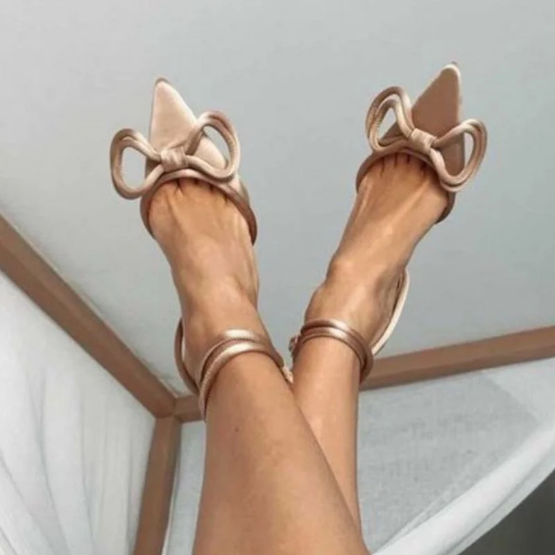 Colorblock Pointed Toe Bow Stiletto Mid-heel High Heels Women's Sandals