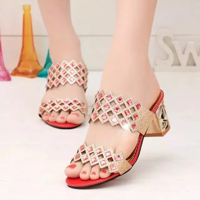 2020 Hot Summer Elegant Fashion Women Casual Shoes Thick with Sandals Peep-toe Beach Shoes Mid Heel Bright Gold Silver 4 Color