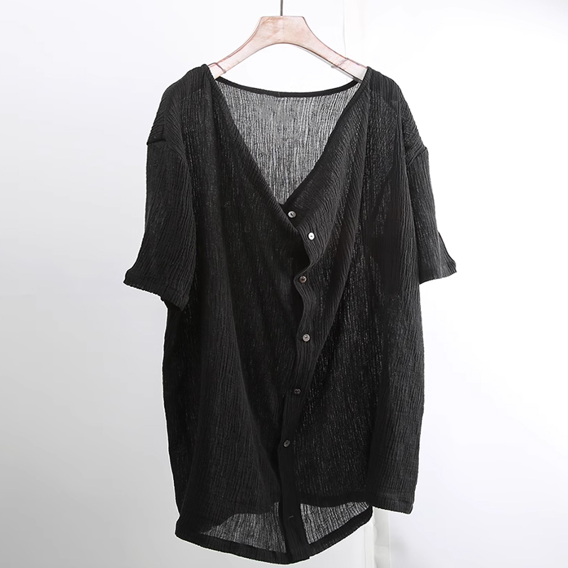 Men's Casual Pleated Cotton And Linen Short-Sleeved Shirt