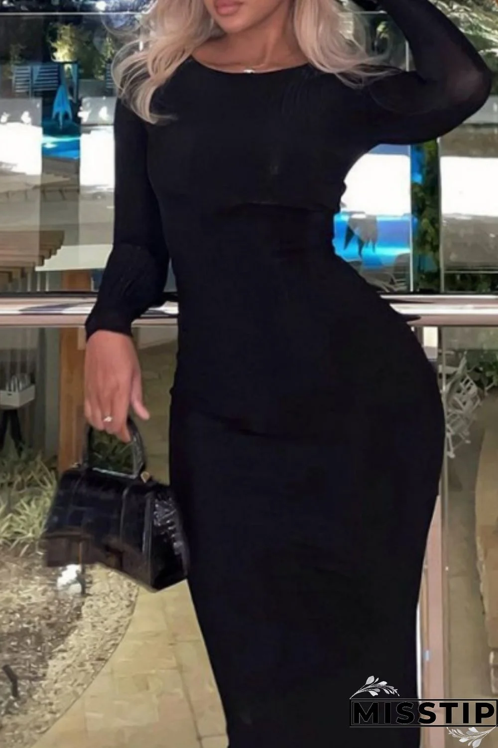 Black Casual Solid Basic O Neck Long Sleeve Dresses