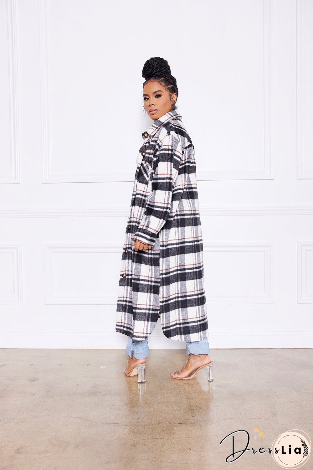 Classic Check Single-breasted Long Woolen Coat
