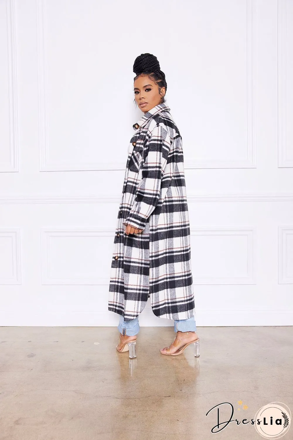Classic Check Single-breasted Long Woolen Coat