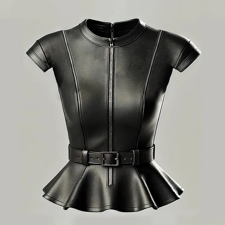 Ursime Crew Neck Short Sleeve Ruffle Zipper Belt PU Blouse
