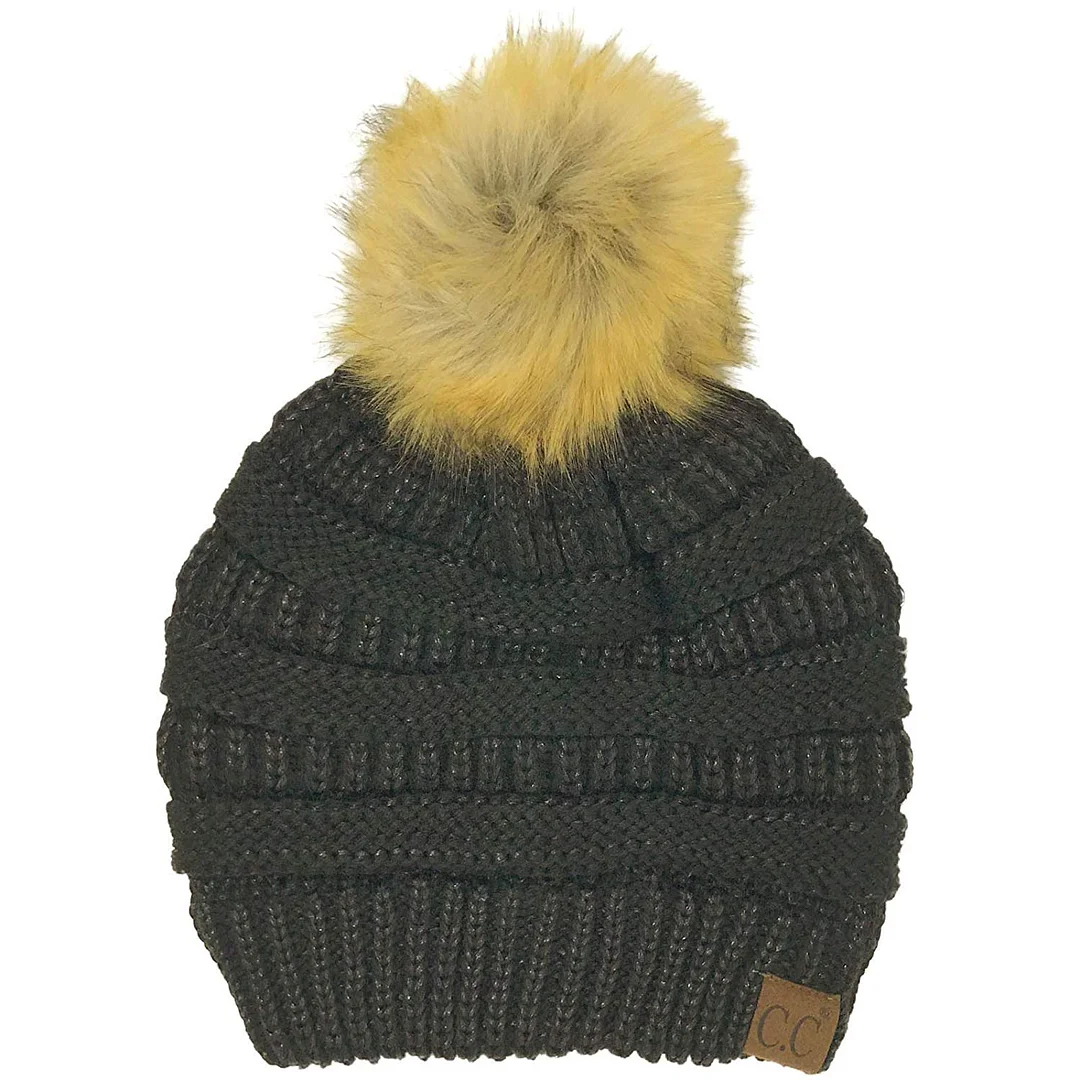 womens and teen Fur Pom Winter Fall Trendy Chunky Stretchy Cable Knit Beanie Hat