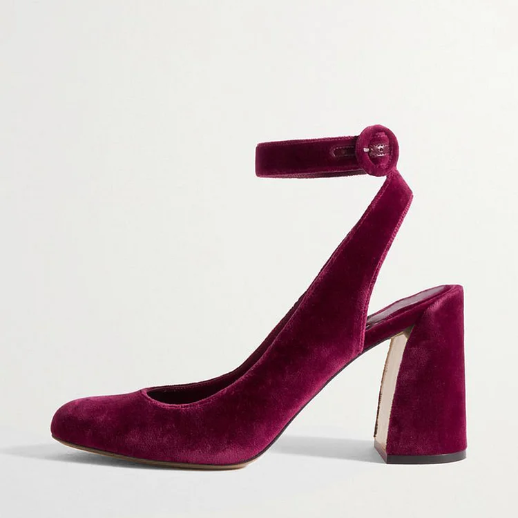 Dark Purple Velvet Shoes Women'S Round Toe Chunky Heel Ankle Strap Pumps |FSJ Shoes