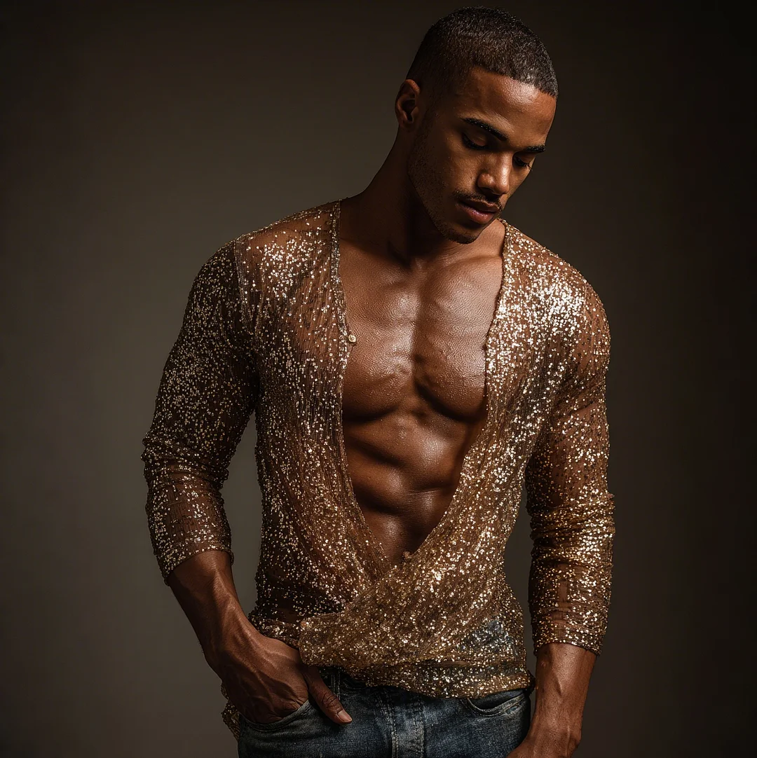 Men's Gold Sequined T-Shirt, Deep V-Neck, Sheer, Sexy Long-Sleeved Top-inspireuse