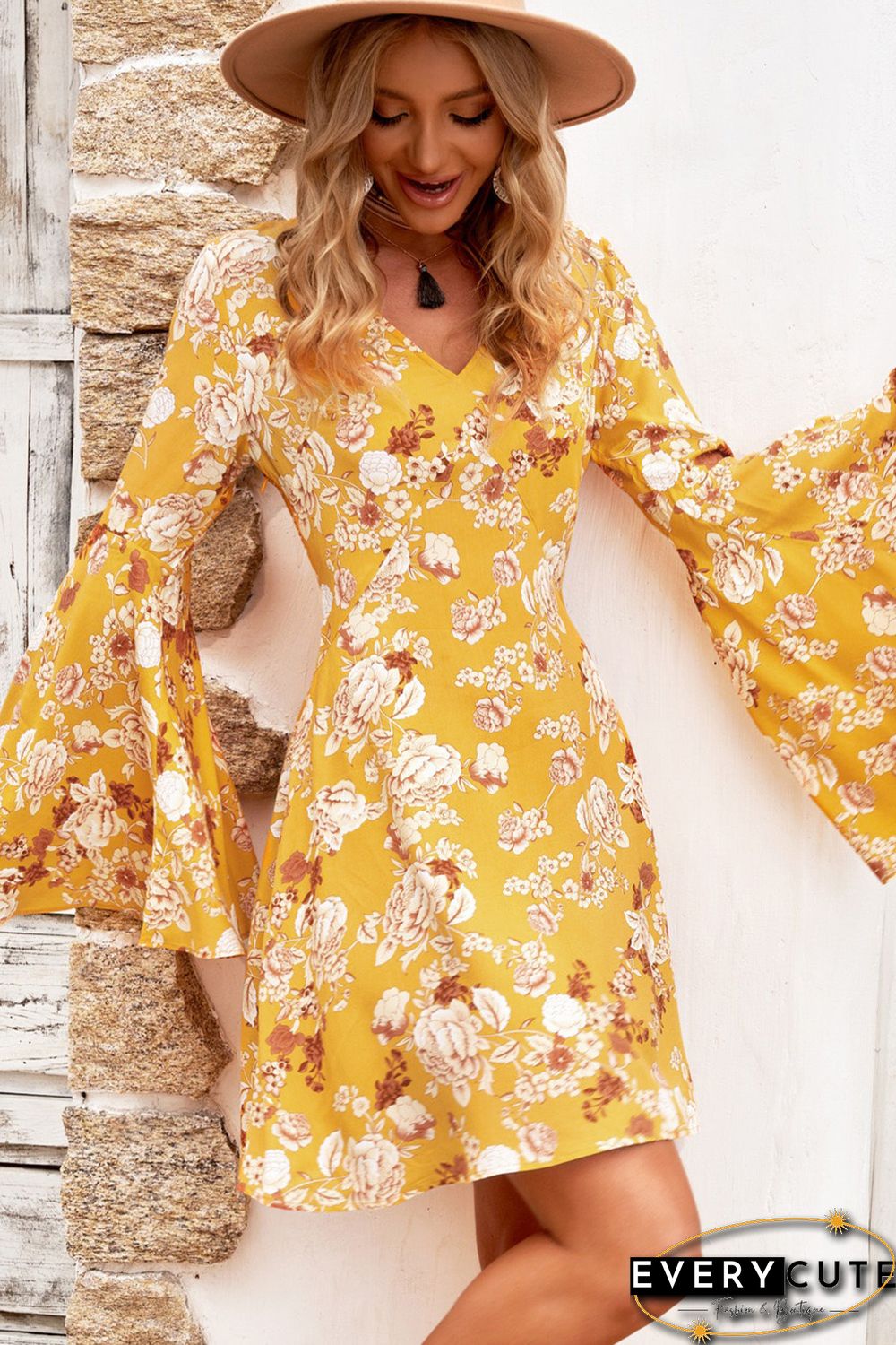 Yellow Bell Sleeves Floral Print Mini Dress