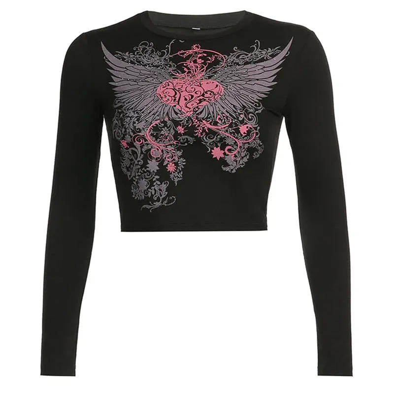 Xingqing Angel Wings Print Tops Fairy Grunge Graphic T Shirts Vintage Indie Aesthetic Clothes Cyber Y2k Slim Long Sleeve Top