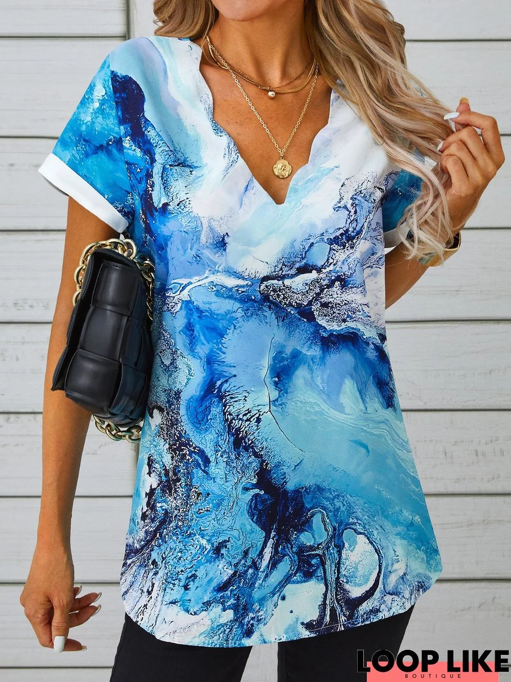 Casual Sea Short Sleeve V Neck Printed Top