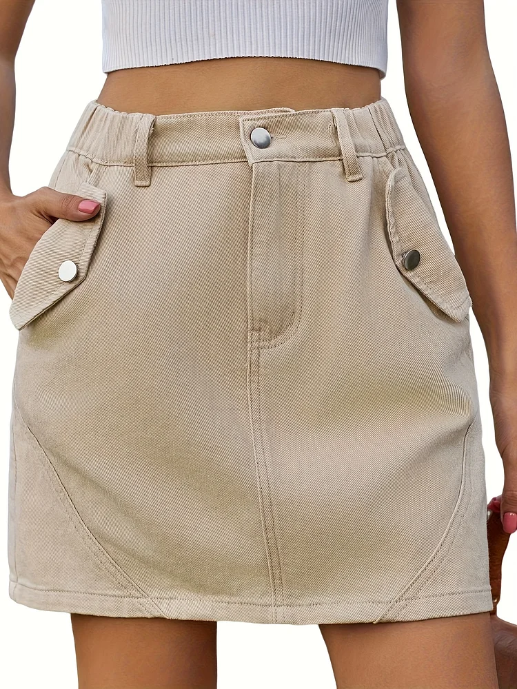Women's Short Cargo Denim Skirt Solid Color Half Elastic Waisted Jeans Skirts Spring Summer Pocket Button Skirt